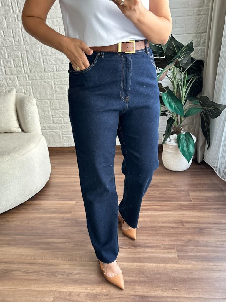 Büyük Beden Kesik Paça Straight Jean Pantolon Lacivert
