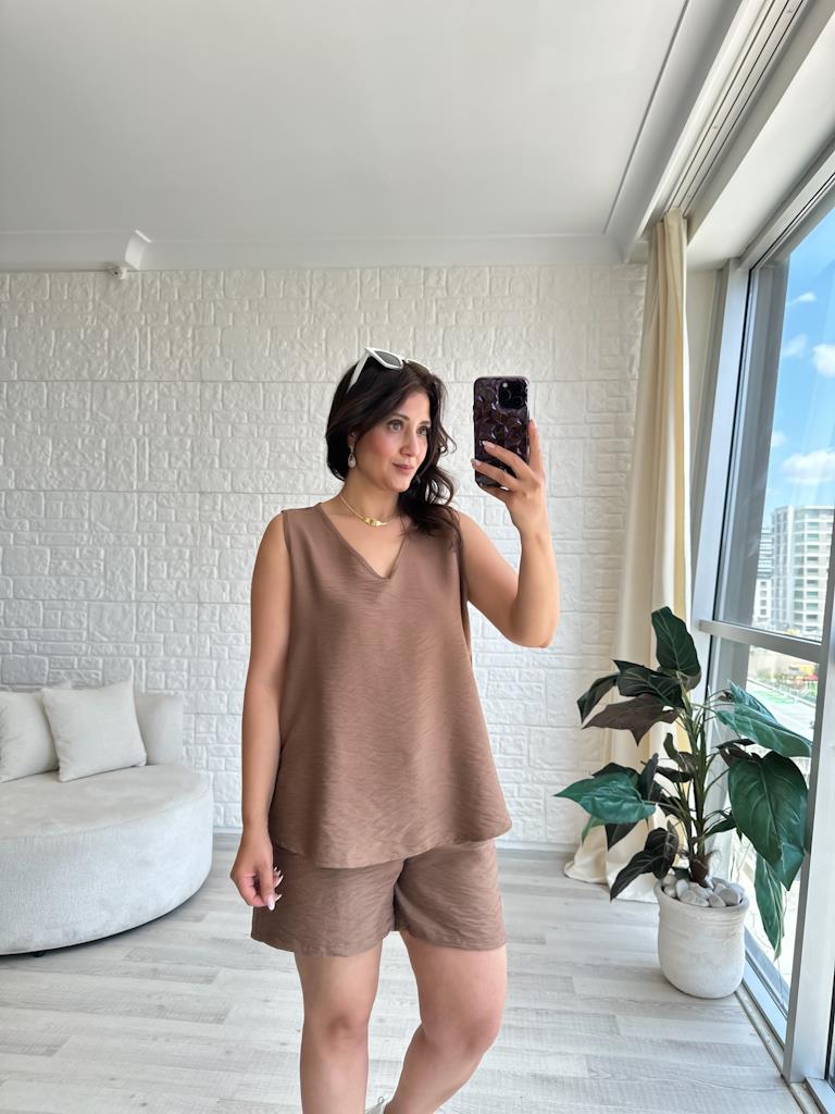 Büyük Beden Şortlu Kalın Askılı Keten Takım Kahverengi