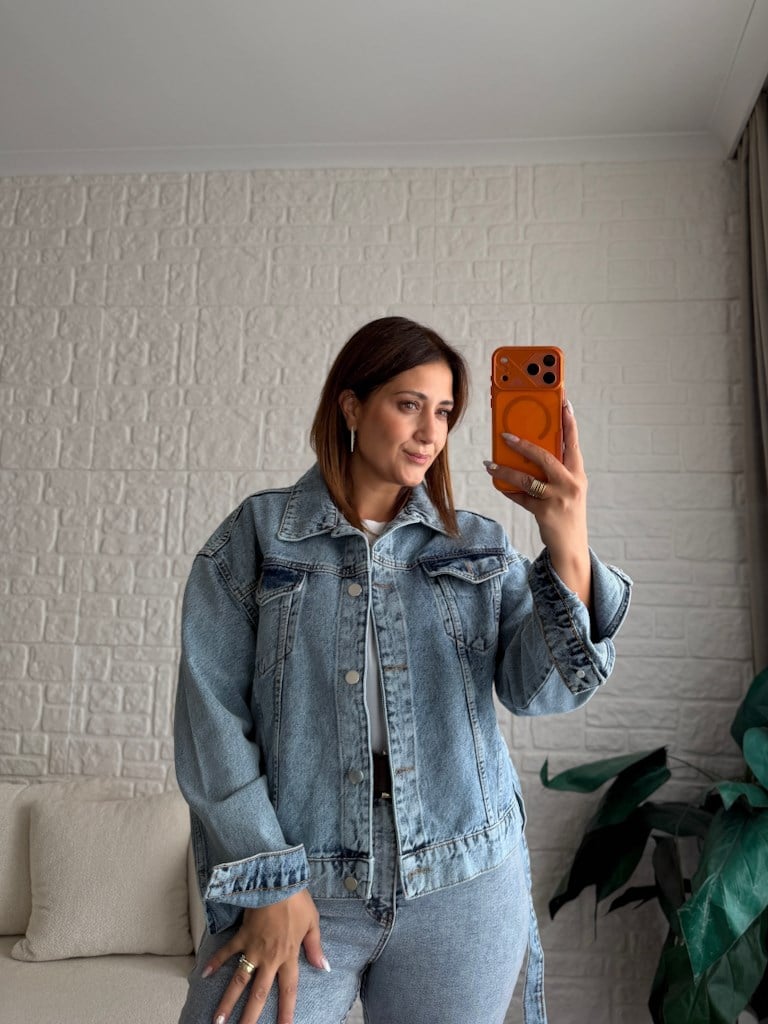 Buz Mavi Kemerli Jean Ceket