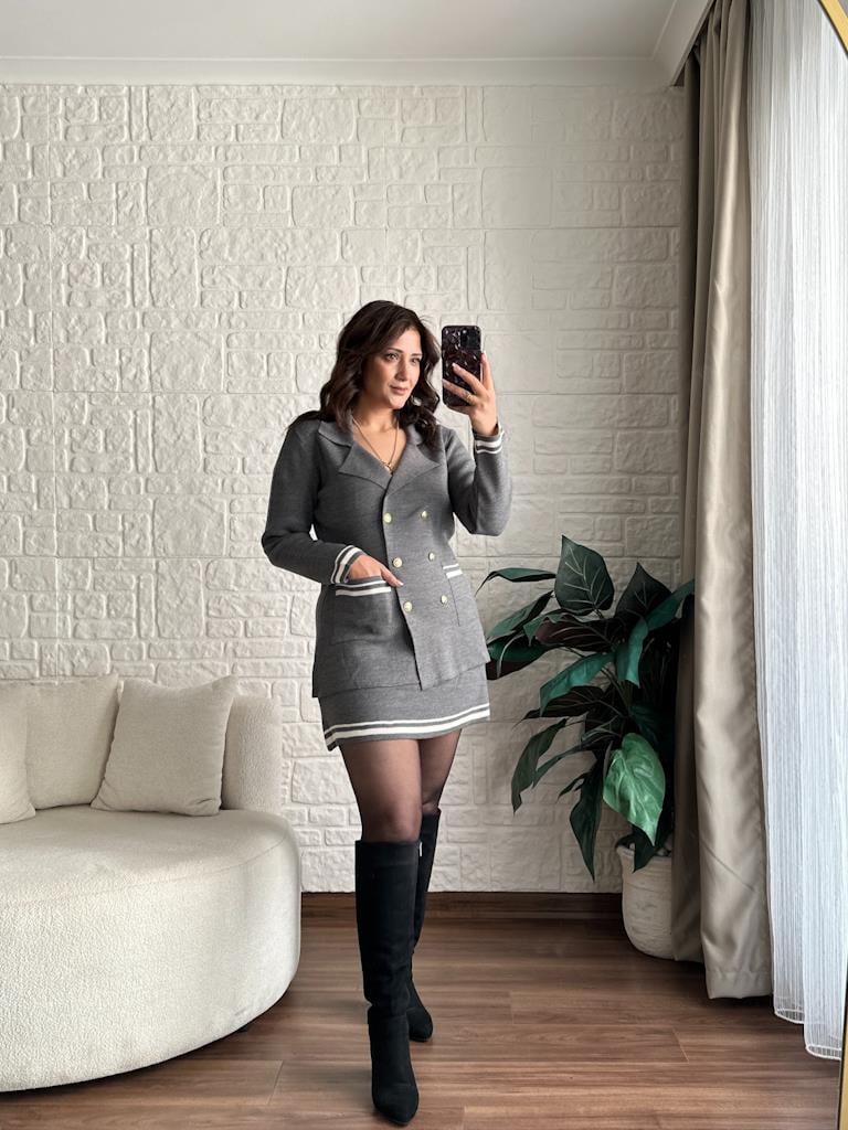 Çelik Örme Çift Kat Dokuma Ceket Etek Triko Takım Gri