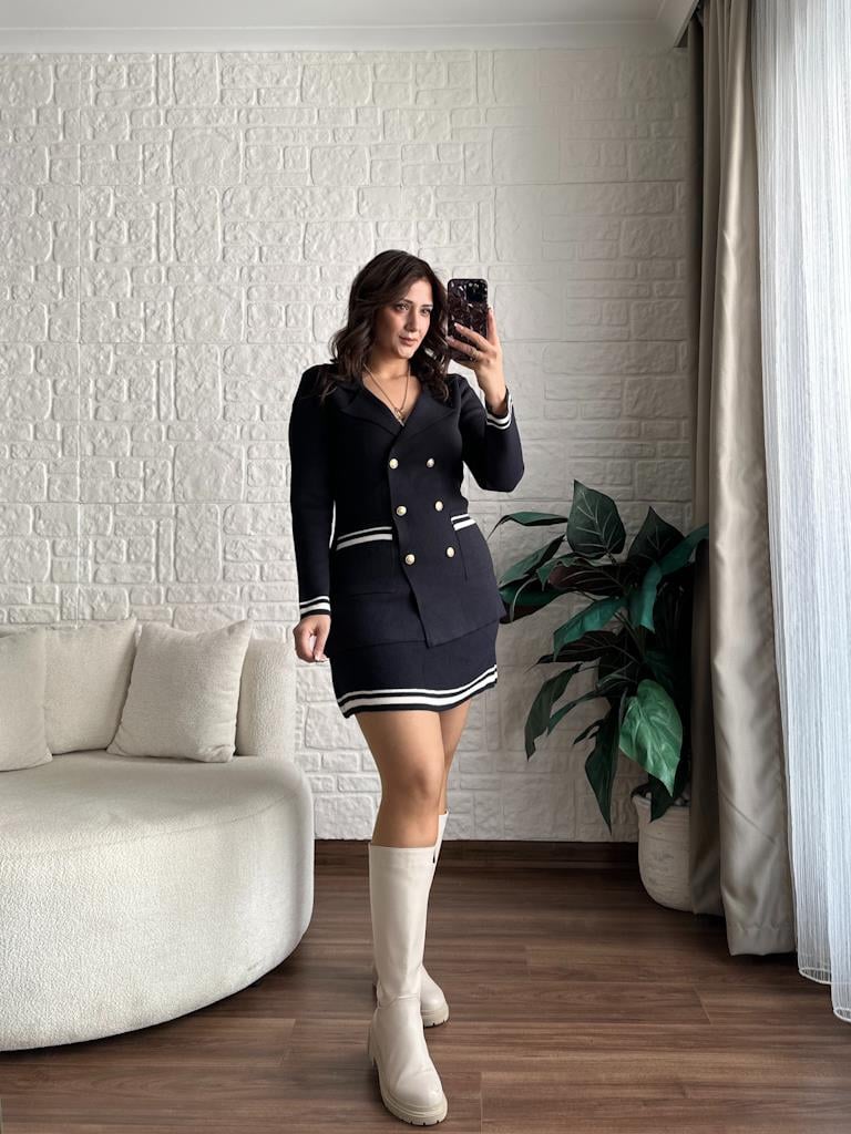 Çelik Örme Çift Kat Dokuma Ceket Etek Triko Takım Lacivert