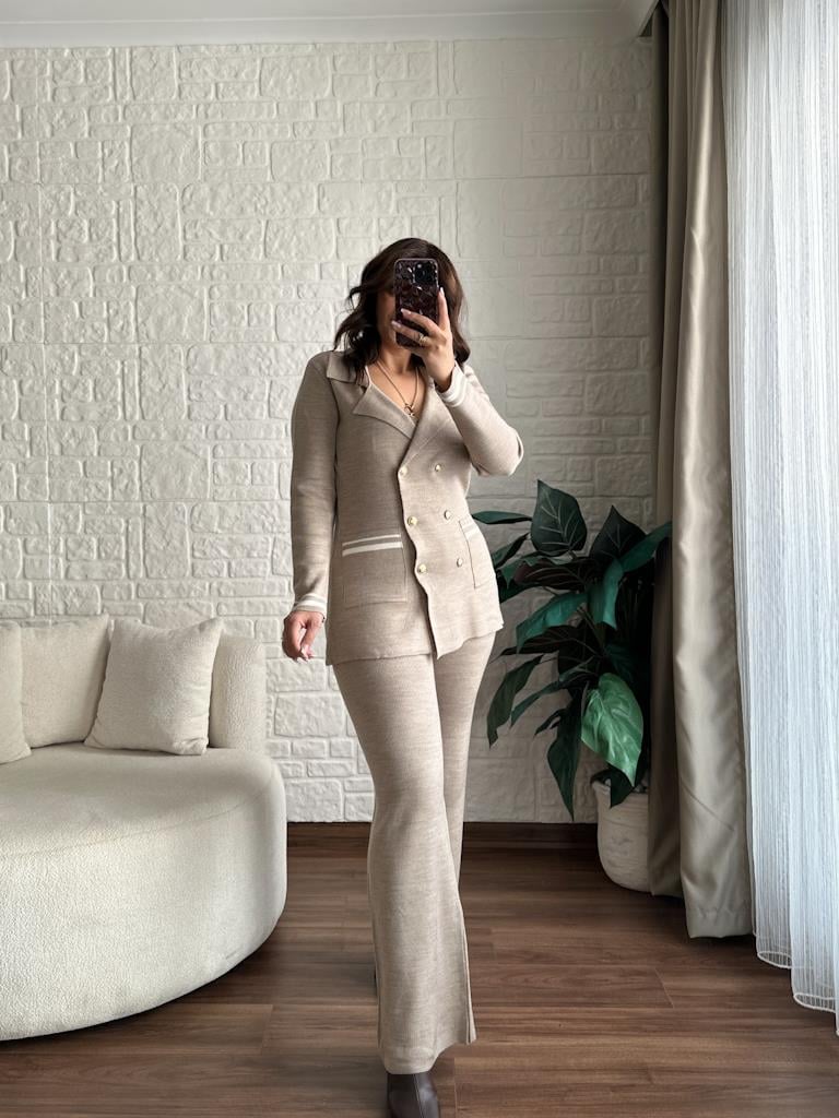 Çelik Örme Çift Kat Dokuma Ceket Pantolon Takım Vizon