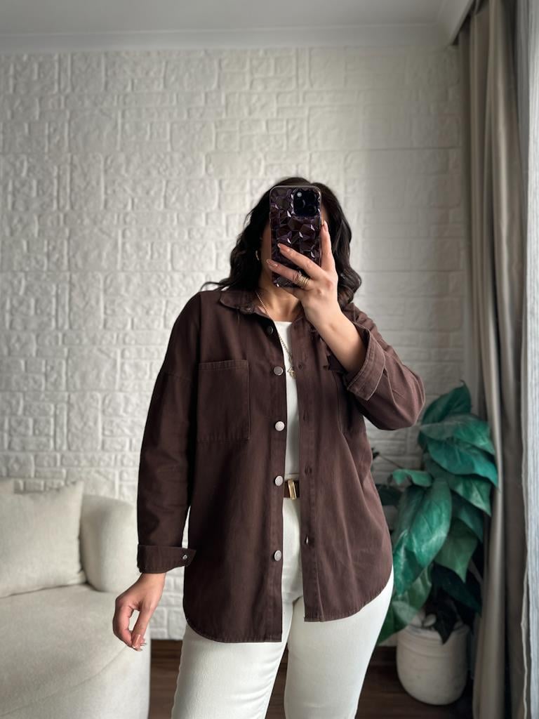 Çift Cep Gabardin Gömlek Kahverengi