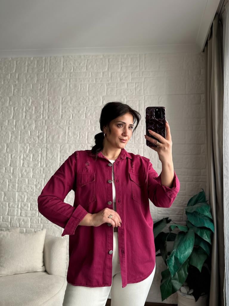 Çift Cep Yırtıık Model Gabardin Gömlek Mürdüm