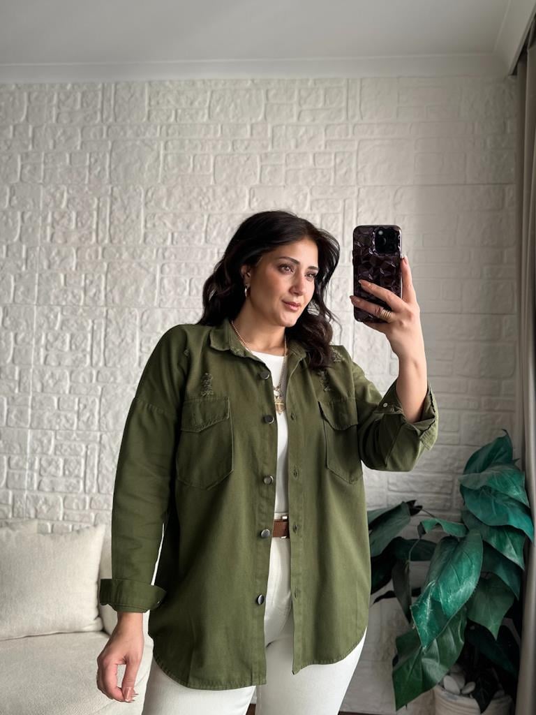 Çift Cep Yırtıık Model Gabardin Gömlek Haki Yeşil