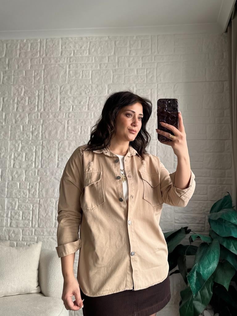 Çift Cep Yırtıık Model Gabardin Gömlek Taş