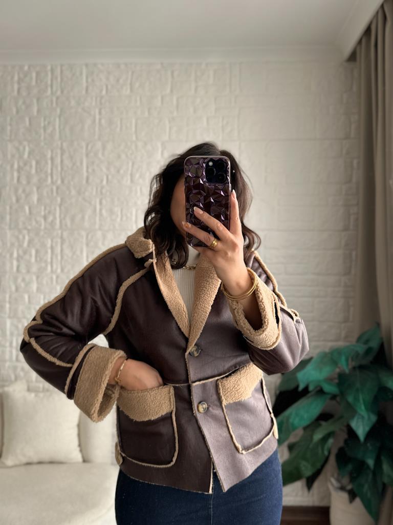 Çift Cepli Kapüşonlu Eskitme Pelüş Ceket Kahverengi