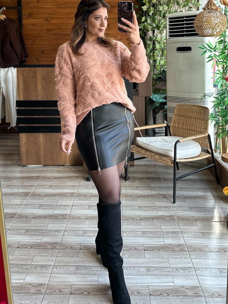 Çift Fermuarlı Siyah Deri Etek