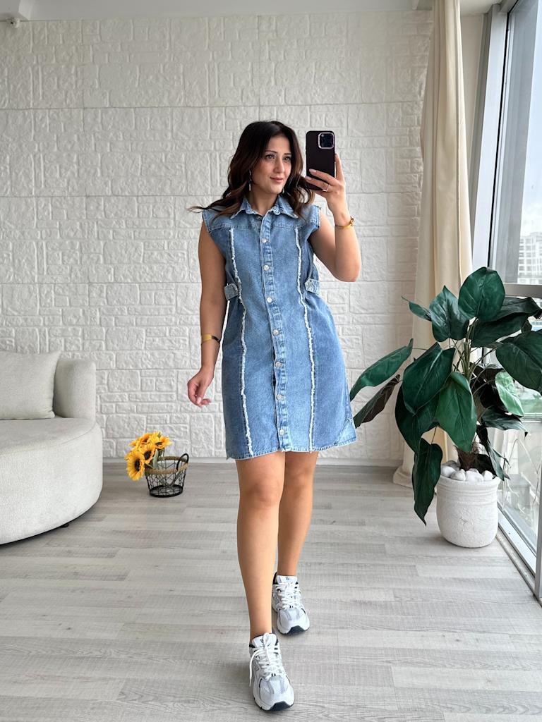 Çift Renk Apoletli Jean Elbise