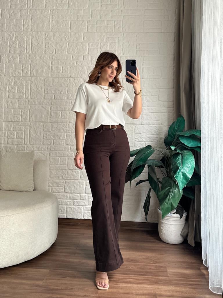 Çıma Dikişli Yüksek Bel Kemerli Jean Kahverengi