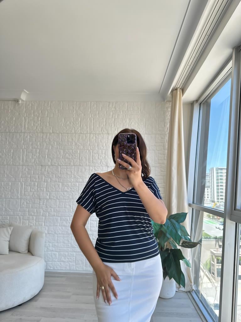 Çizgili  Arka Ön V Yaka Modal Penye Tişört