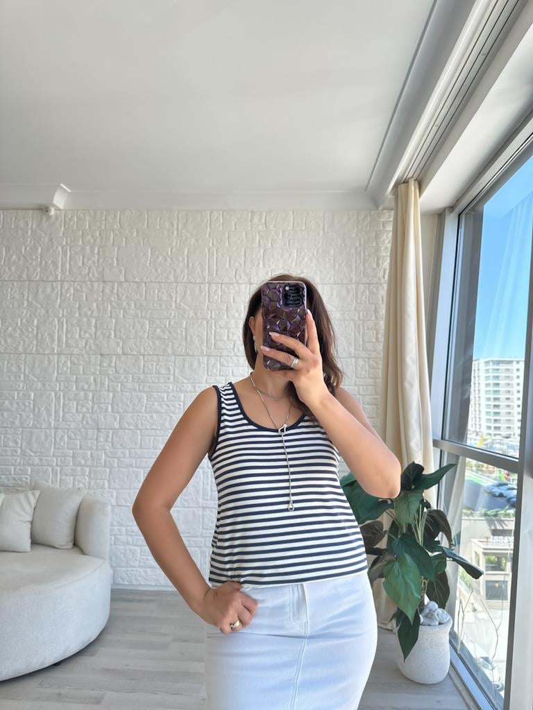 Çizgili  Kalın Askılı Dökümlü Premium Modal Atlet Bluz