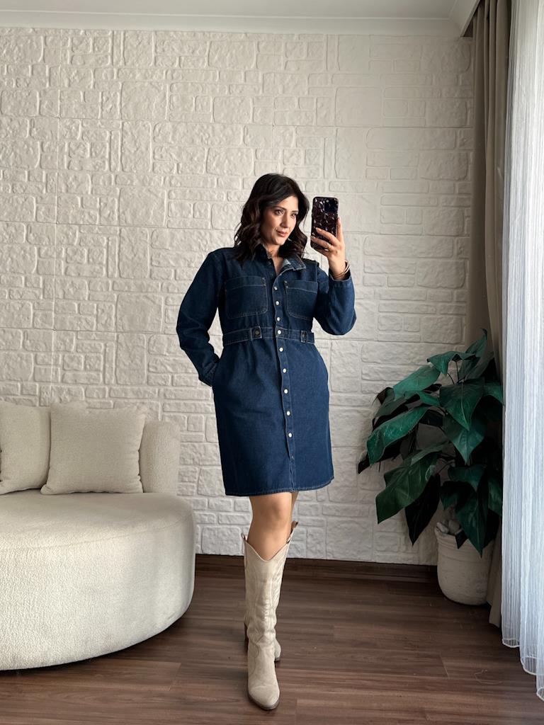 Dik Yaka Çıçıtlı Orjinal Marka Jean Elbise