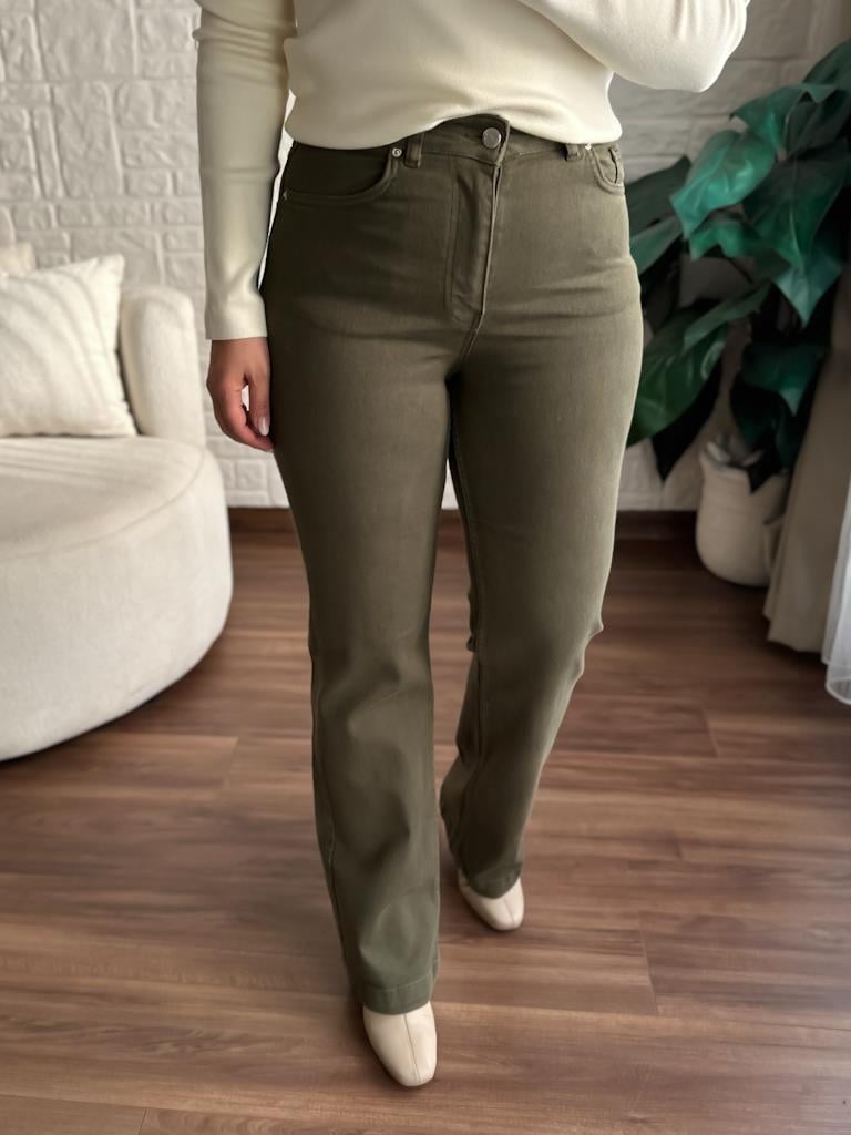 Dikişli Bol Paça Relax Jean Pantolon Yeşil