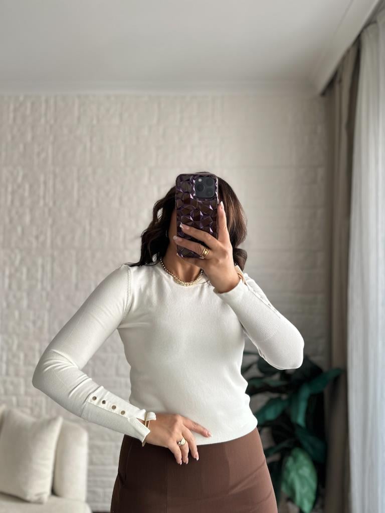 Dillvin Bisiklet Yaka Kol Ortası Droplu Kazak Ekru