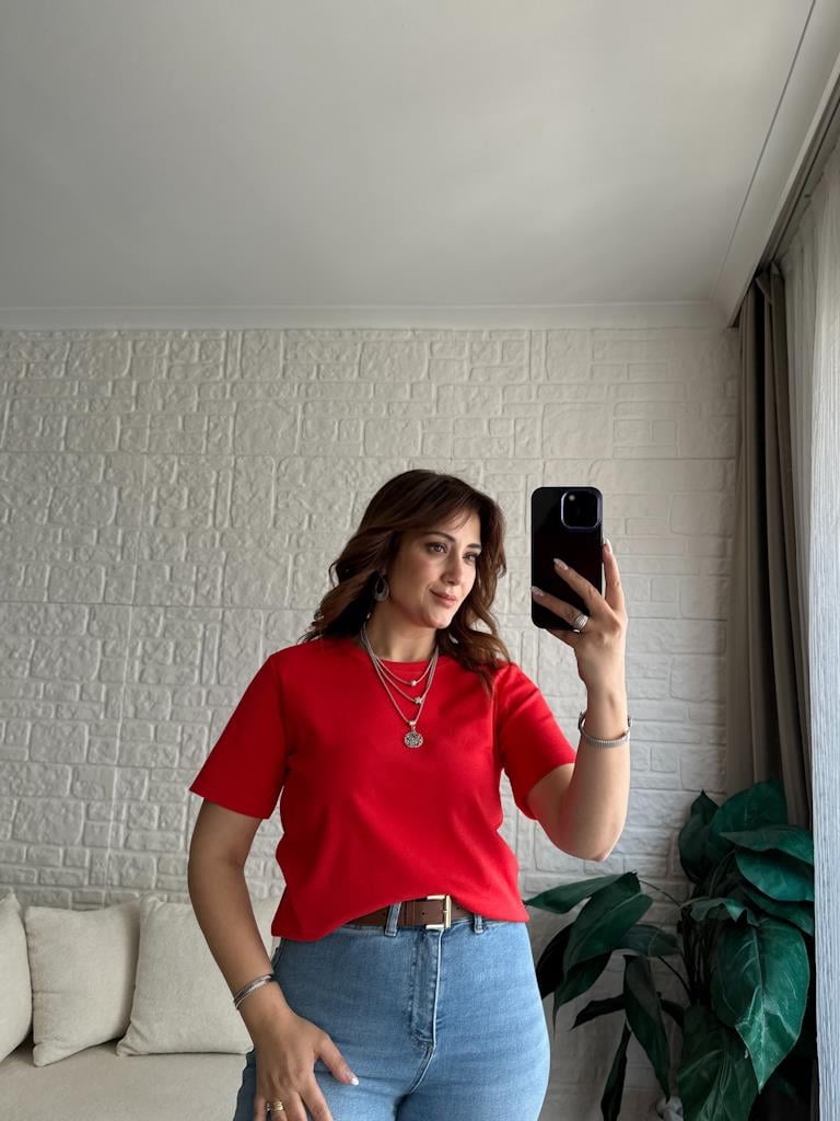 Dilvin %100 Pamuk Bisiklet Yaka T-shirt Kırmızı