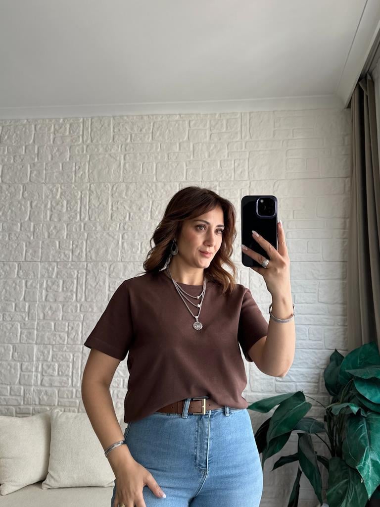 Dilvin %100 Pamuk Bisiklet Yaka T-shirt Kahverengi