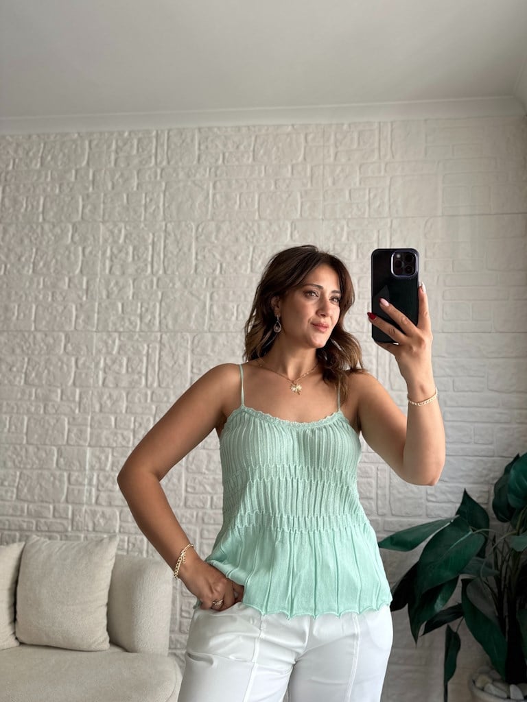 Dilvin Askılı İnce Dokulu Triko Bluz Mint Yeşil