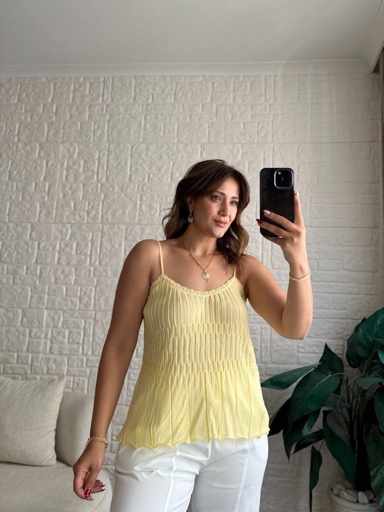 Dilvin Askılı İnce Dokulu Triko Bluz Sarı