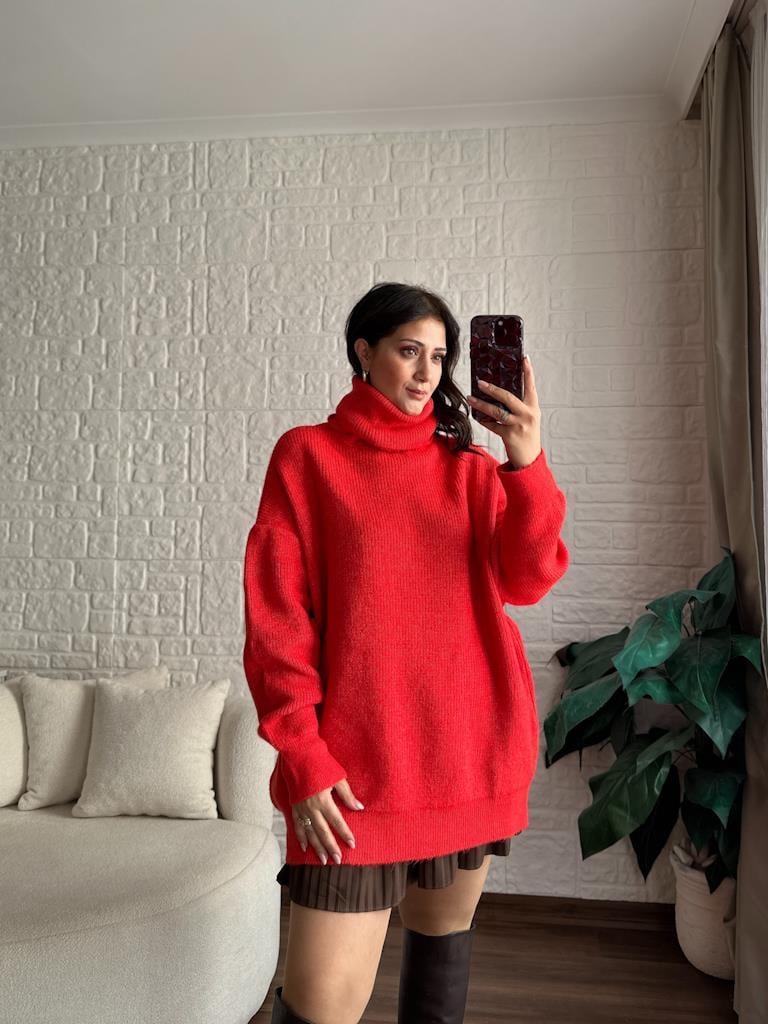 Dilvin Balıkçı Yaka Oversize Kazak Kırmızı