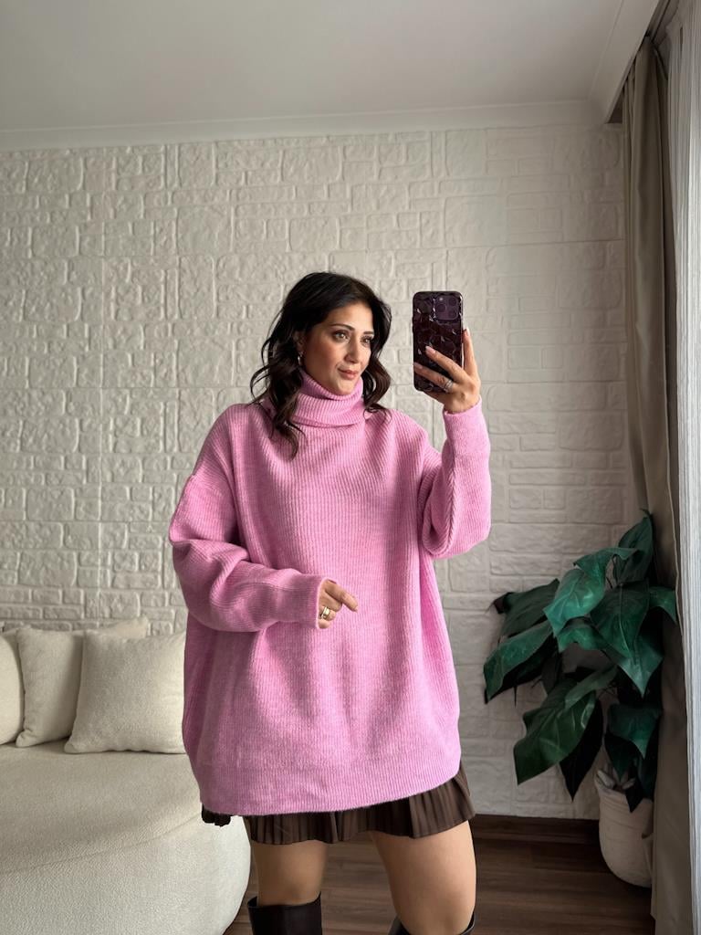 Dilvin Balıkçı Yaka Oversize Kazak Pembe