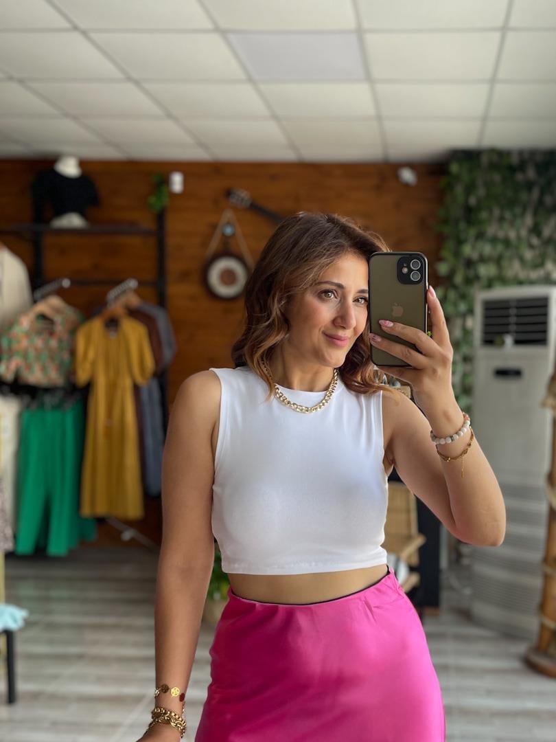 Dilvin Bisiklet Yaka Beyaz Crop