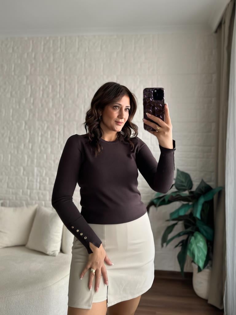 Dilvin Bisiklet Yaka Kol Ortası Droplu Kazak Kahverengi