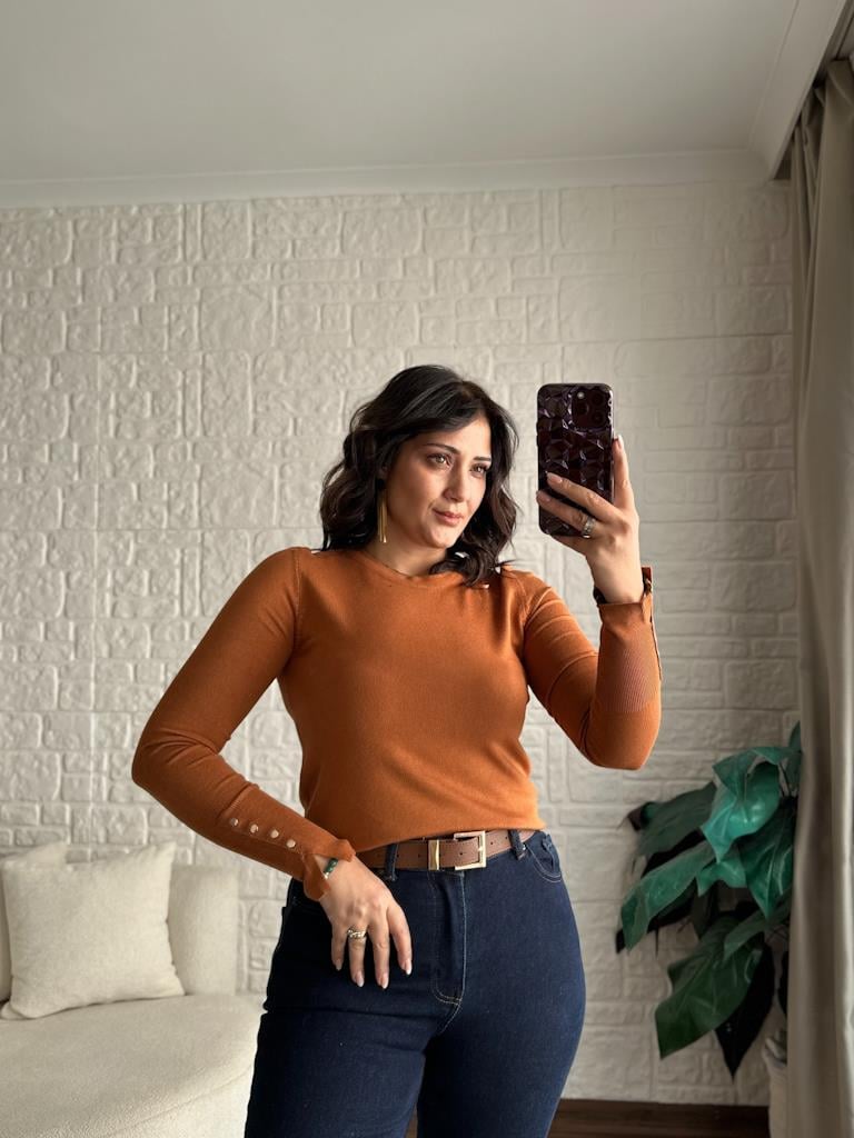 Dilvin Bisiklet Yaka Kol Ortası Droplu Kazak Kiremit