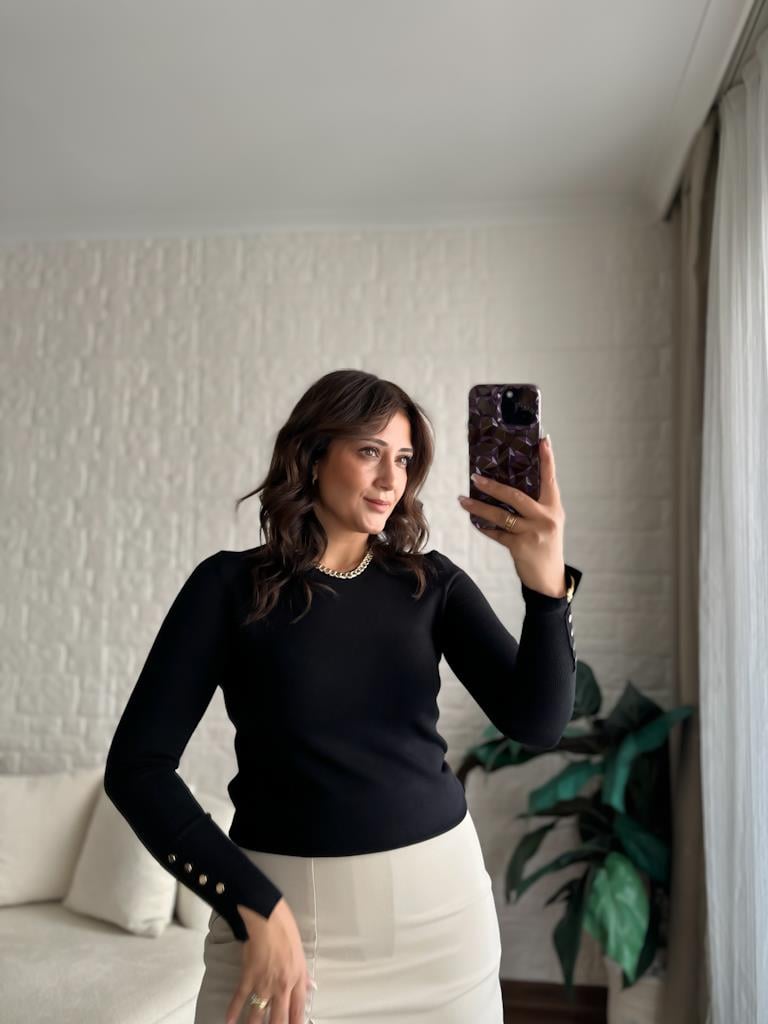 Dilvin Bisiklet Yaka Kol Ortası Droplu Kazak Siyah