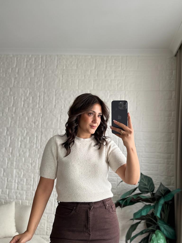 Dilvin Bisiklet Yaka Pullu Simli Triko Kazak Krem