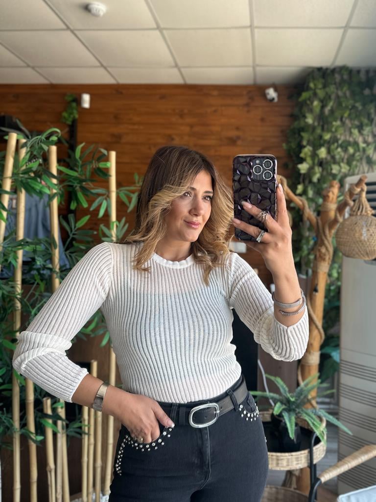 Dilvin Bisiklet Yaka Transparan Bluz Ekru