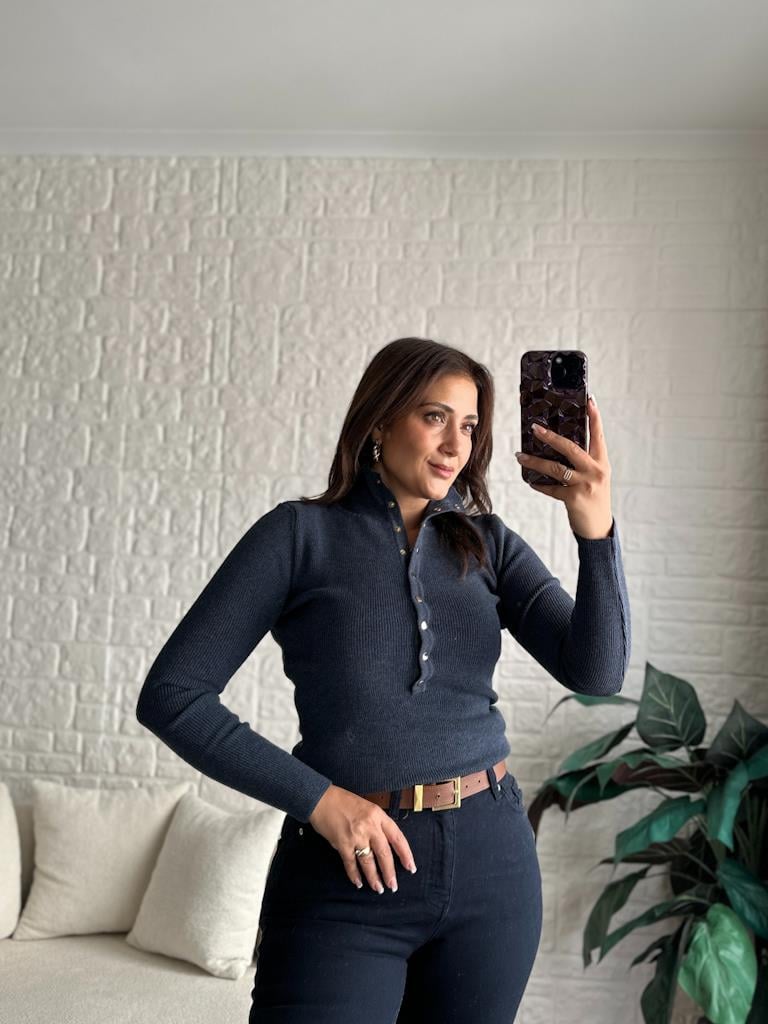 Dilvin Dik Yaka Çıtçıtlı Premium Triko Kazak İndigo Mavi