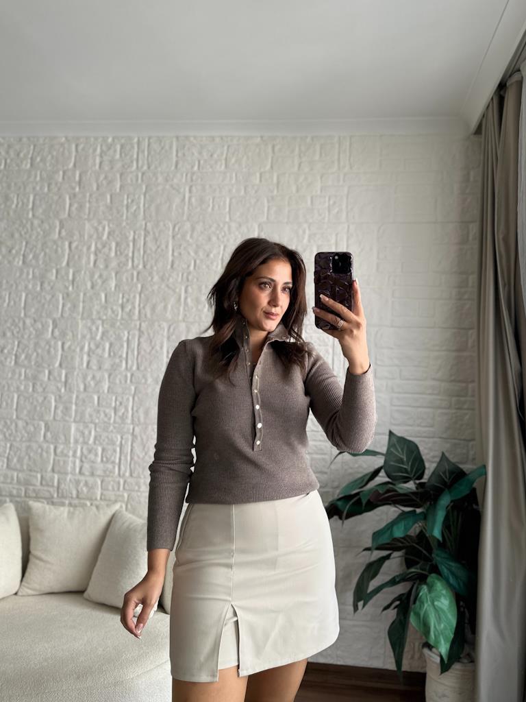 Dilvin Dik Yaka Çıtçıtlı Premium Triko Kazak Vizon