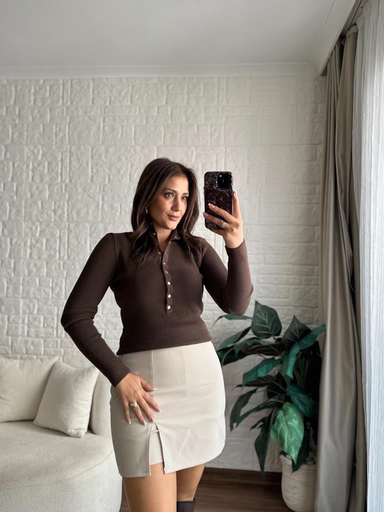 Dilvin Dik Yaka Çıtçıtlı Premium Triko Kazak Kahverengi