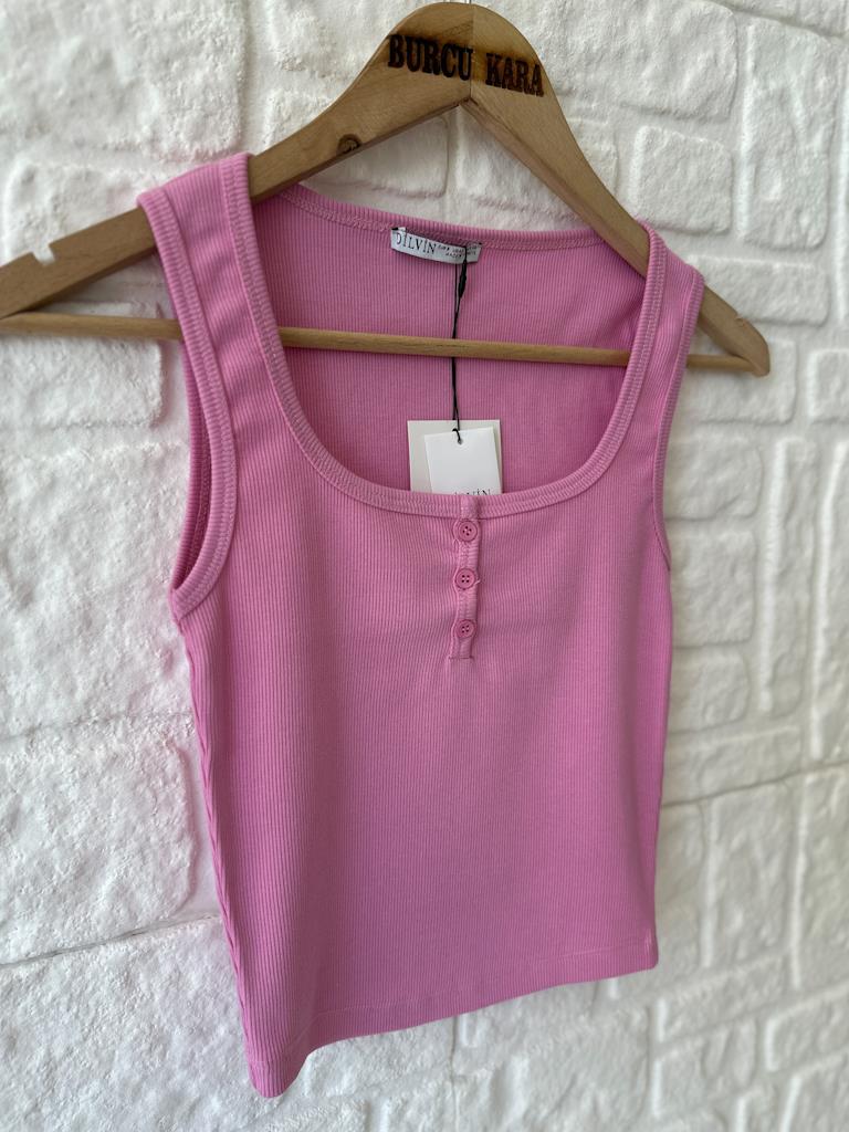 Dilvin Düğmeli Kare Yaka Kaşkorse Bluz Pembe