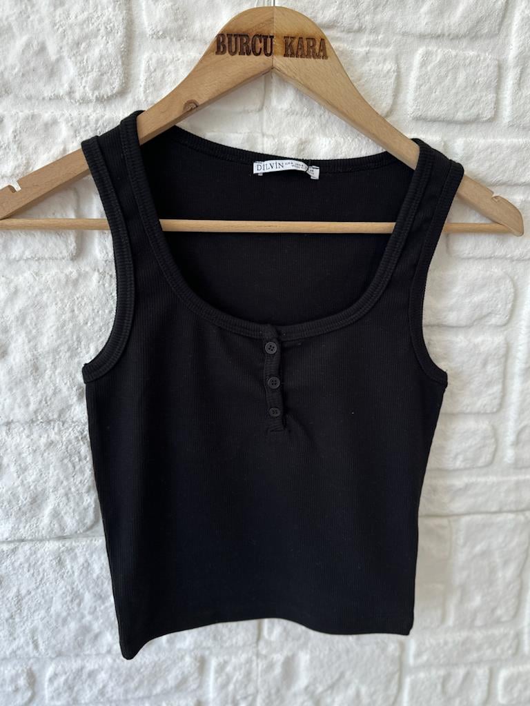 Dilvin Düğmeli Kare Yaka Kaşkorse Bluz Siyah