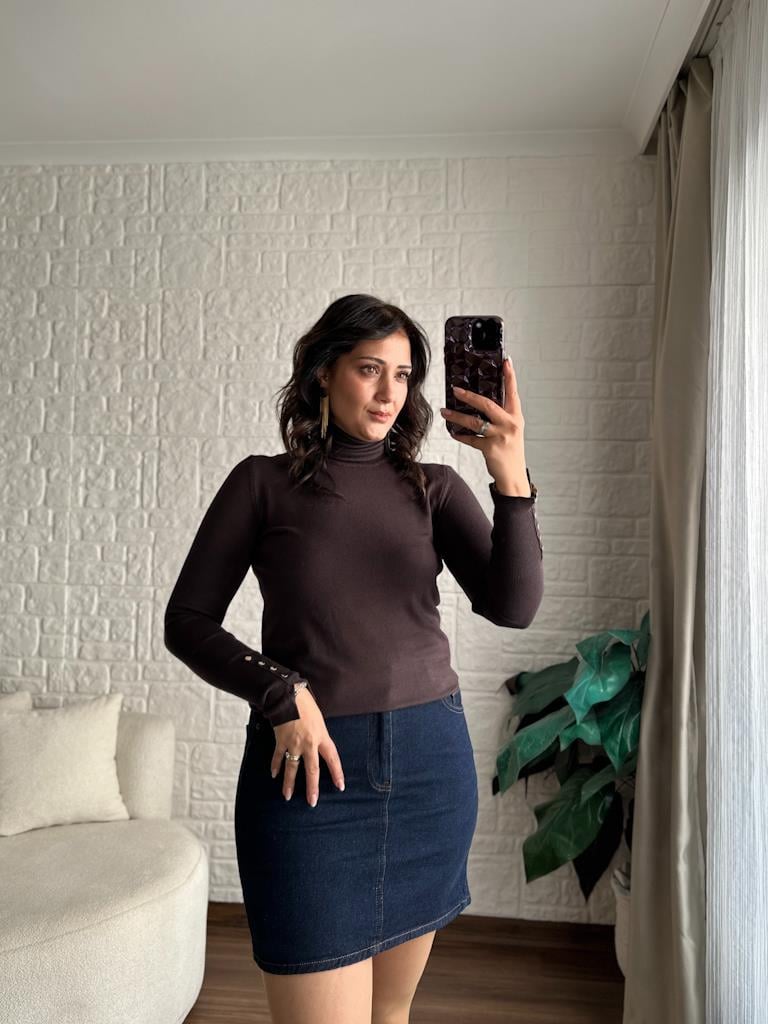 Dilvin Kol Droplu Balıkçı Yaka Triko Kahverengi