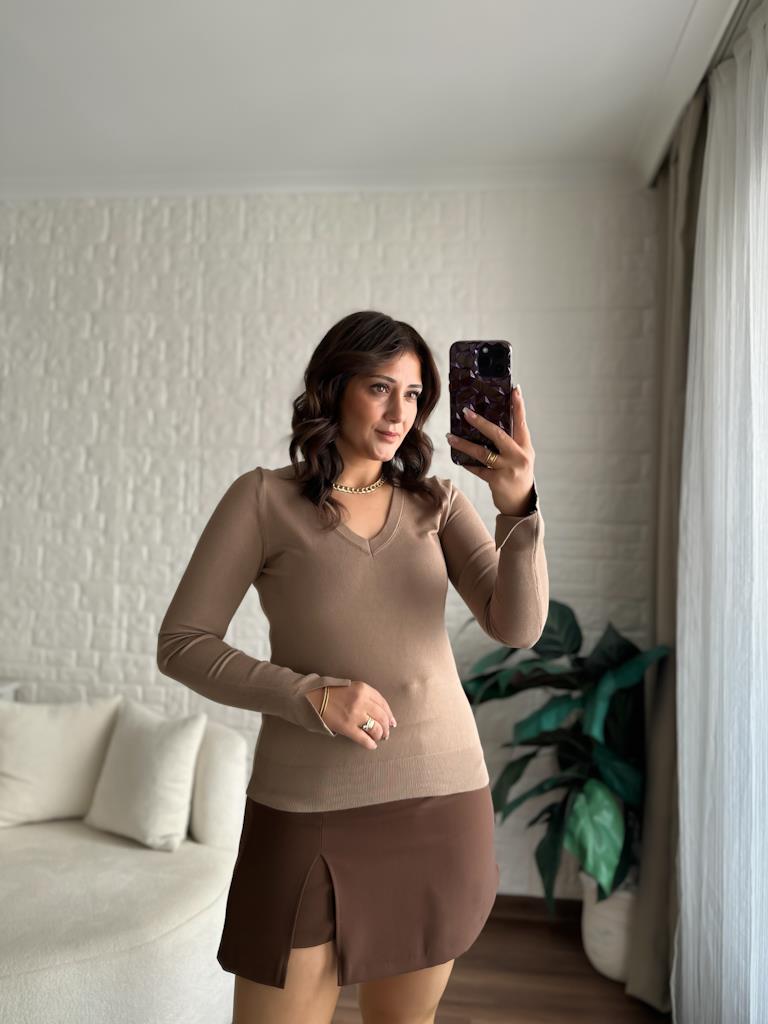 Dilvin V Yaka Kolu Yırtmaçlı Kazak-Camel