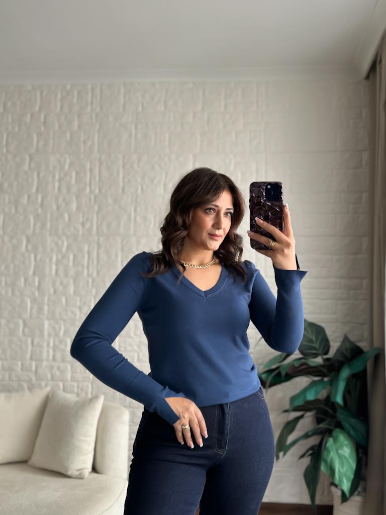 Dilvin V Yaka Kolu Yırtmaçlı Kazak-İndigo