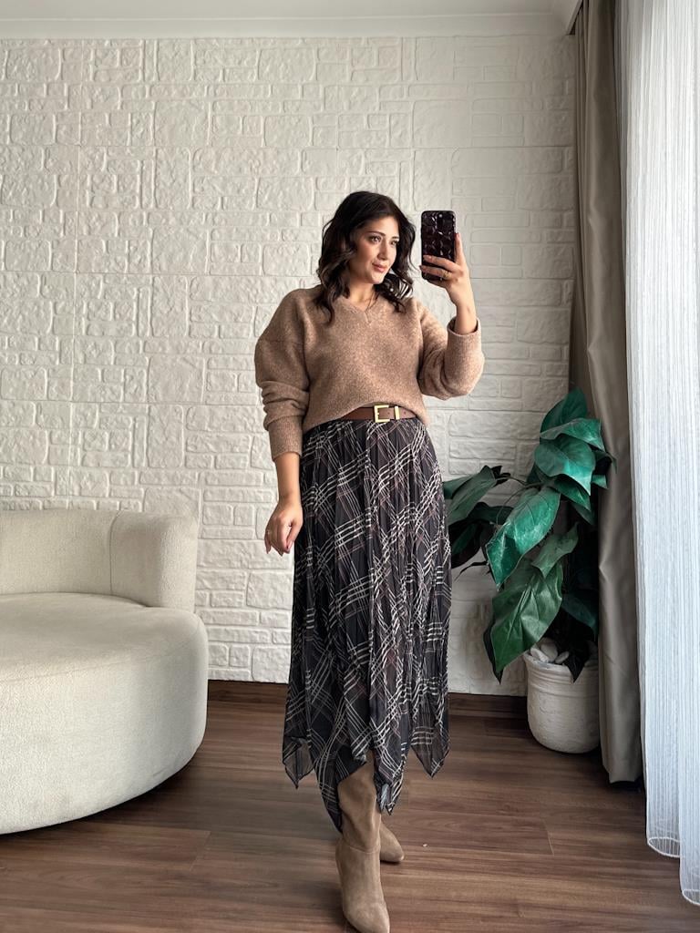 Ekose Desenli Kırışık Efektli Astarlı Midi Şifon Etek Antrasit