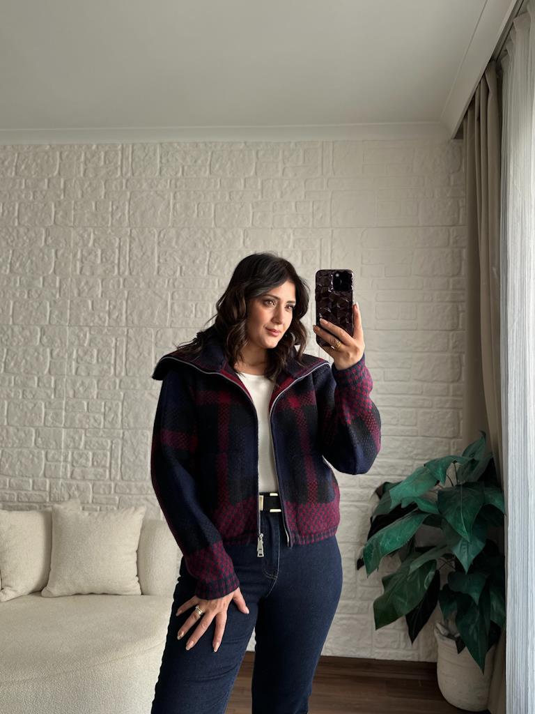 Ekoseli Fermuarlı Triko Ceket Lacivert