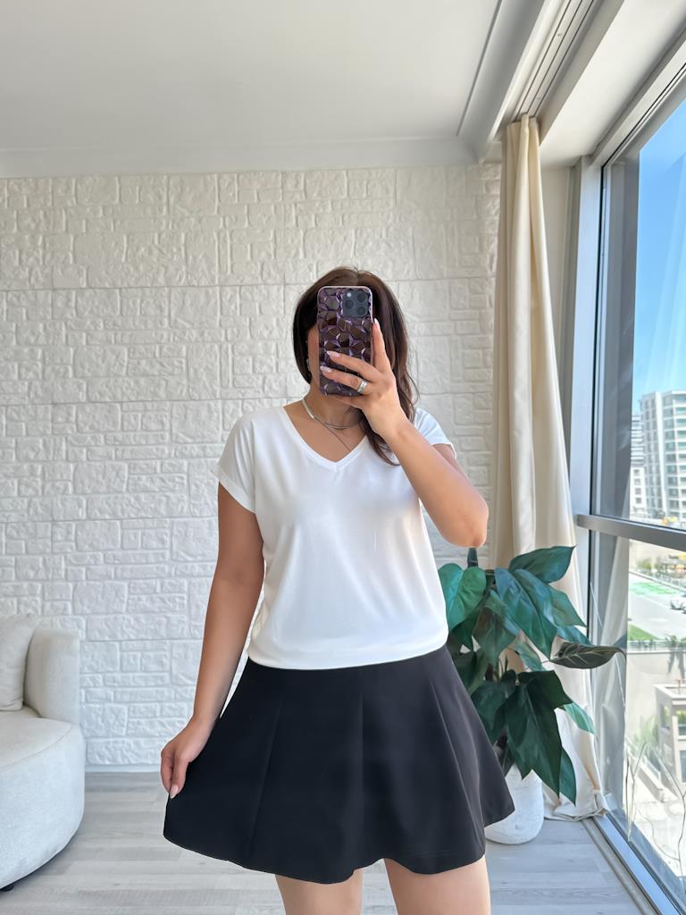 Ekru  Arka Ön V Yaka Modal Penye Tişört