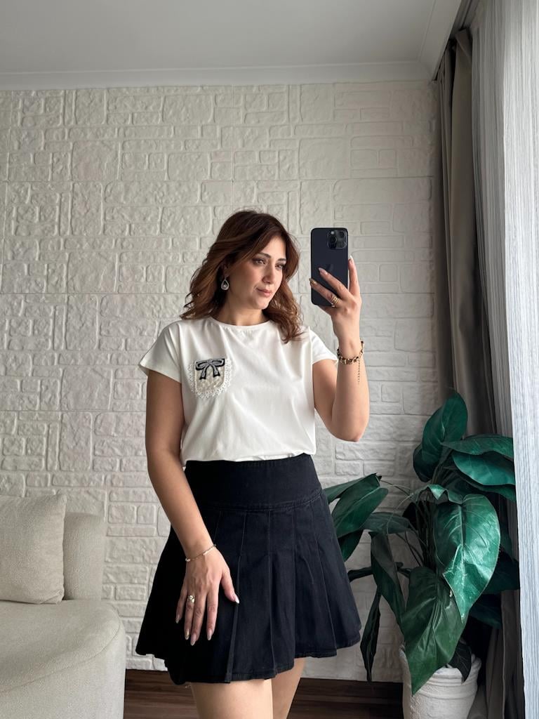 Ekru Fiyonk Nakış Cep Detaylı Premium Bluz