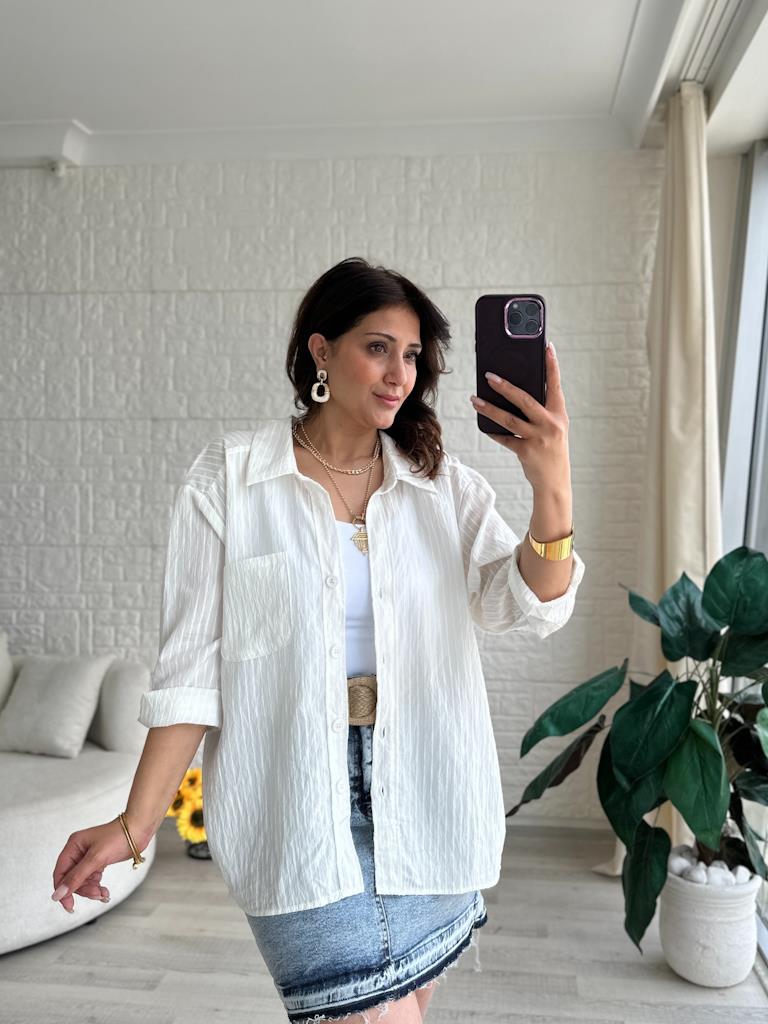 Ekru Panç Çizgili Oversize Gömlek