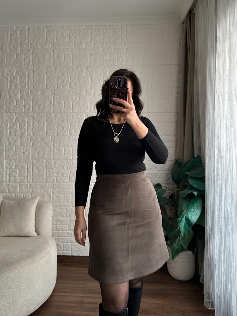 Fermuar Detaylı Midi Boy Süet Etek Haki Yeşil