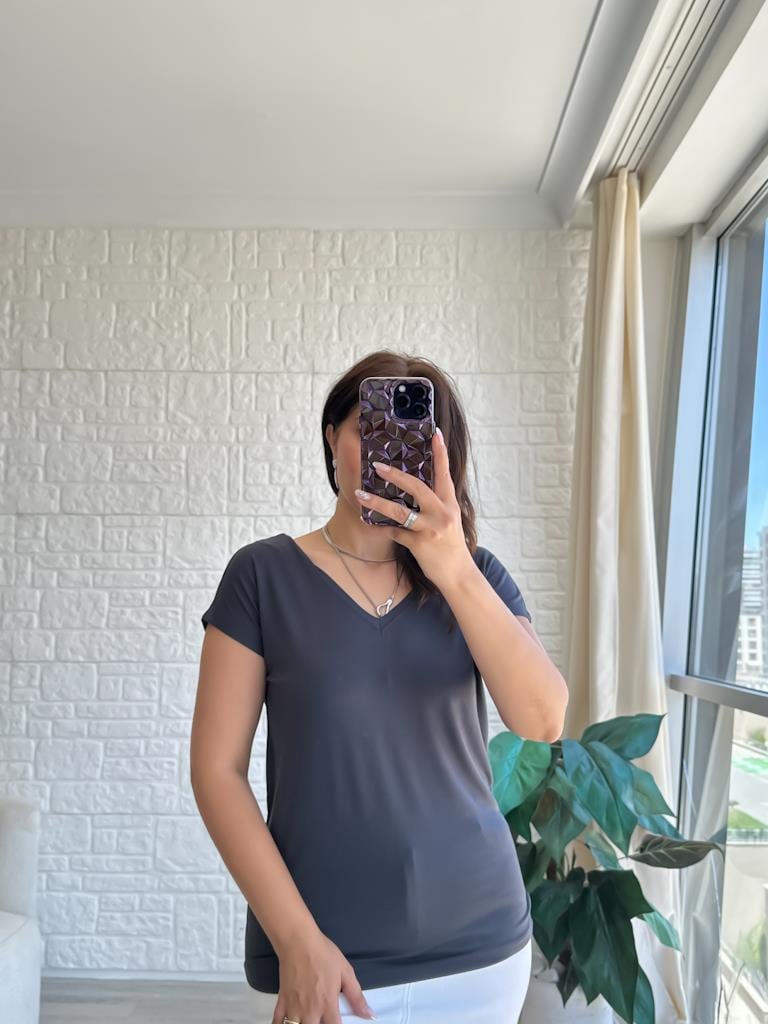 Füme Arka Ön V Yaka Modal Penye Tişört