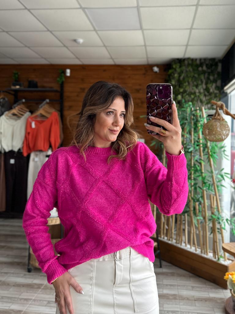 Fuşya Bisiklet Yaka Kabartma Desenli Triko Kazak