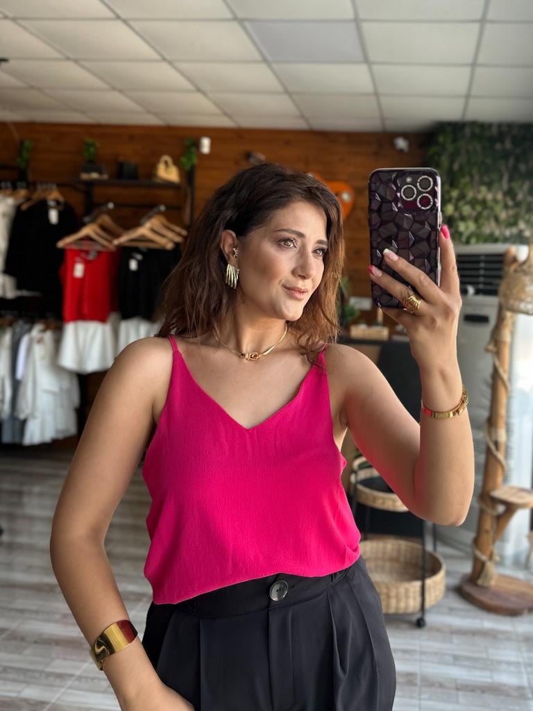 Fuşya Krep Kumaş Askılı V Yaka Bluz