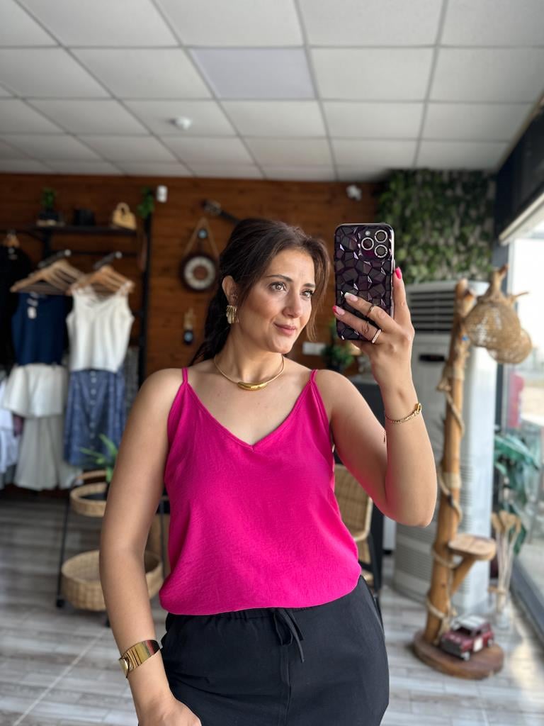 Fuşya Pembe İthal Aerobin Kumaş Askılı Bluz