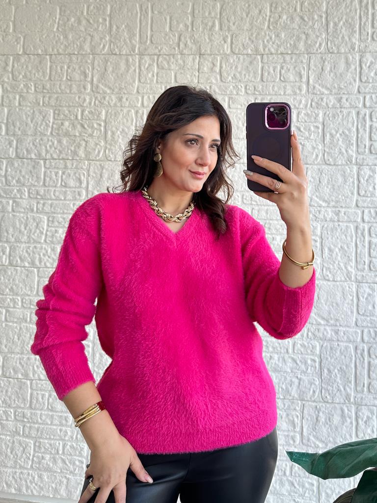 Fuşya V Yaka Yumoş Triko Kazak